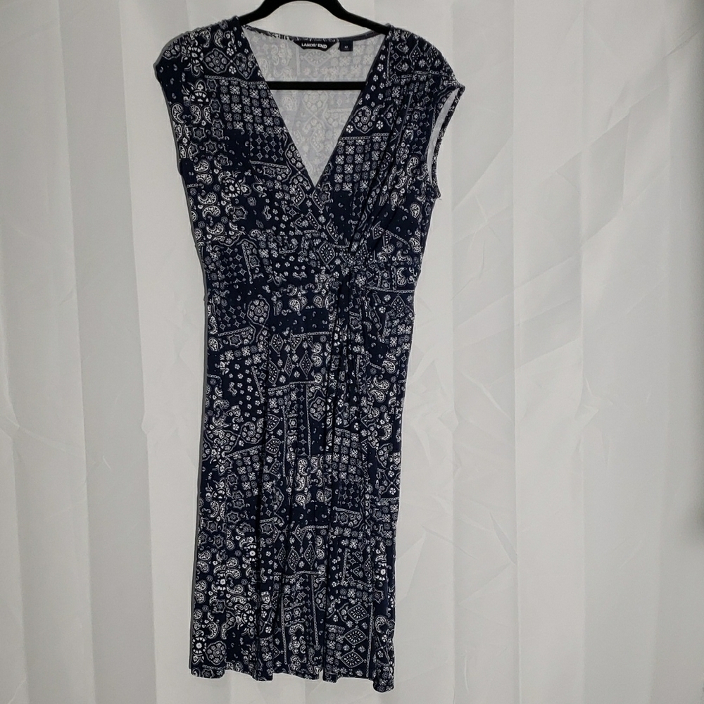Land's End Navy Blue And White Handkerchief Patterned Women's Midi Dress Size M